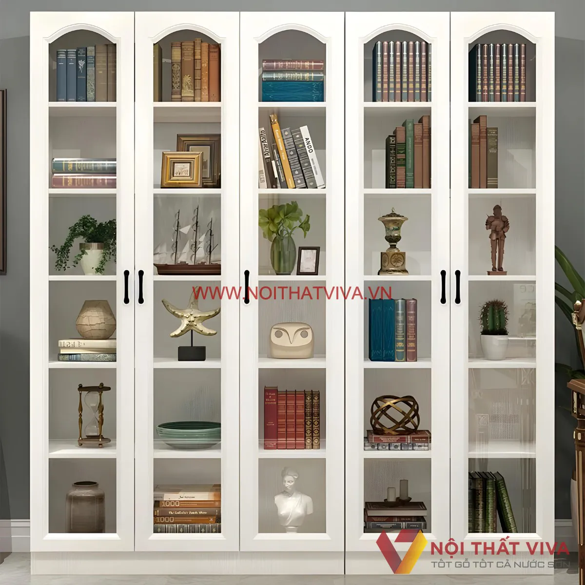 Mẫu Tủ Đựng Tài Liệu Gỗ MDF Cánh Kính Khung Gỗ Sơn Trắng Đẹp Tinh Tế