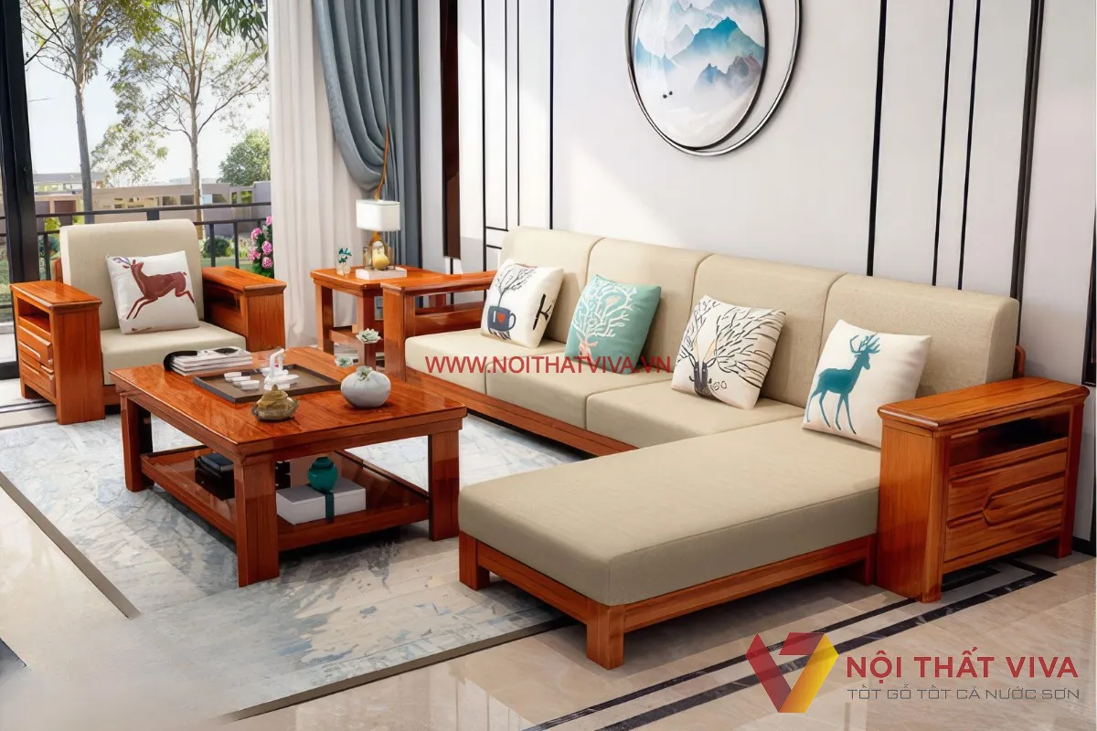 Sofa Gỗ Tân Cổ Điển Gỗ Sồi Tự Nhiên Thiết Kế Kiểu Chữ U Đẹp Giá Tốt 