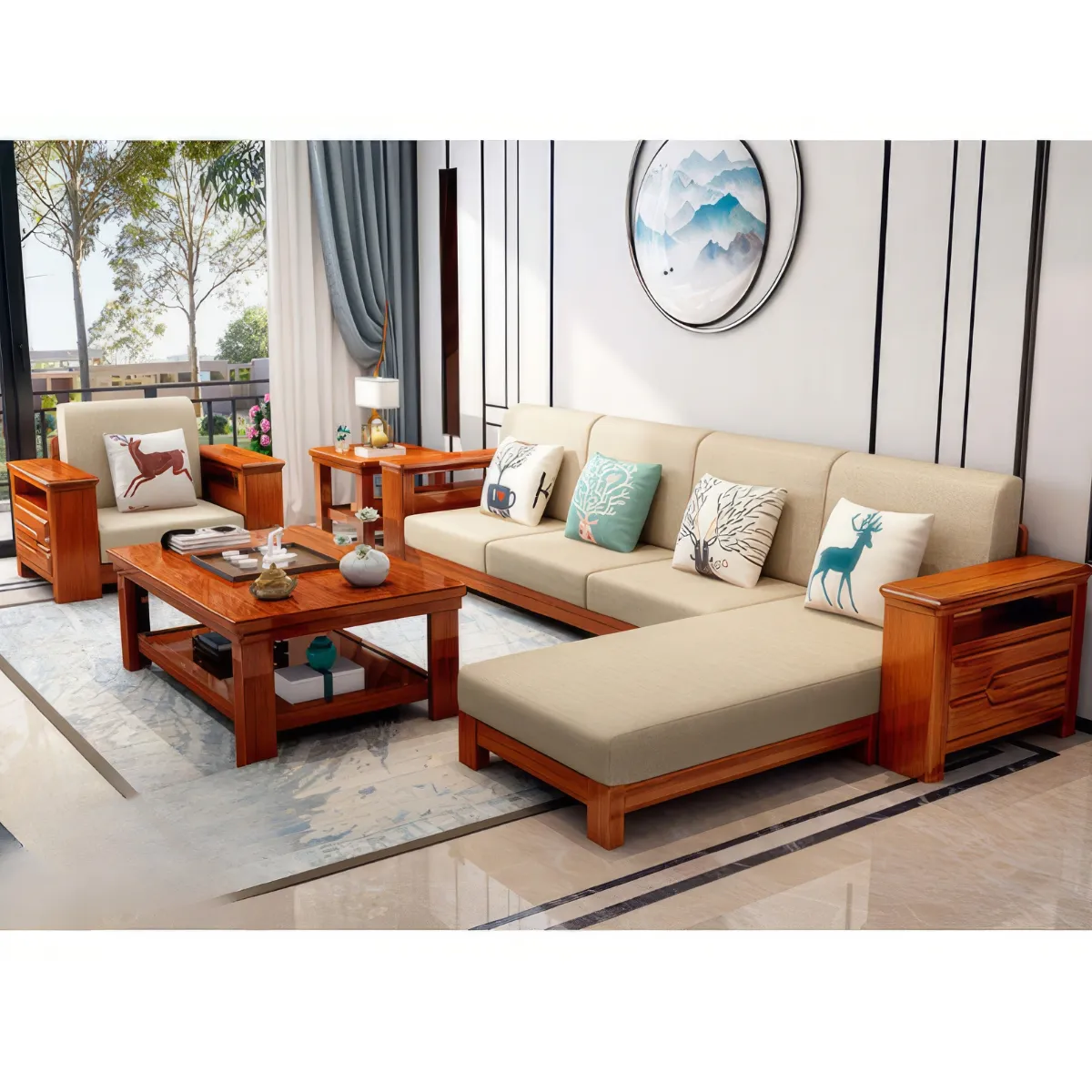 Sofa Gỗ Tân Cổ Điển Gỗ Sồi Tự Nhiên Thiết Kế Kiểu Chữ U Đẹp Giá Tốt