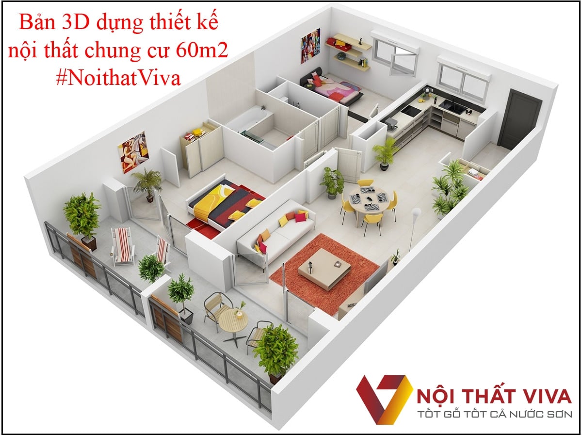 Bản 3D thiết kế&nbsp;nội thất chung cư 60m2 đẹp tham khảo.