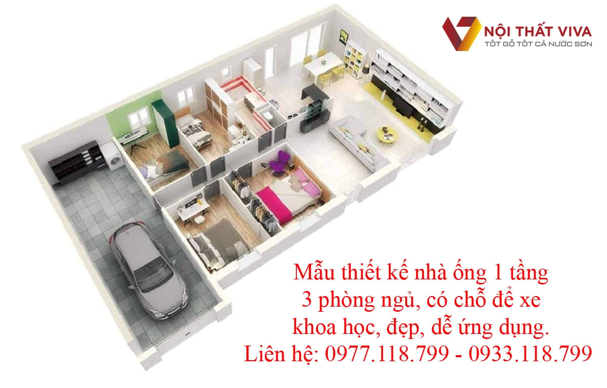 Mẫu thiết kế nh&agrave; ống 1 tầng 3 ph&ograve;ng ngủ, c&oacute; chỗ để xe khoa học, đẹp.