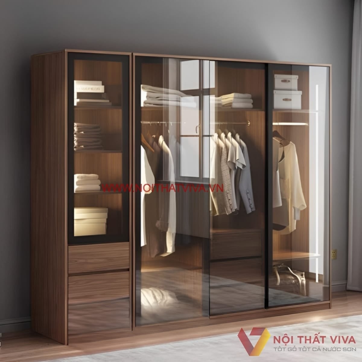Tủ quần &aacute;o gỗ c&ocirc;ng nghiệp MDF c&aacute;nh k&iacute;nh tại Nội thất Viva
