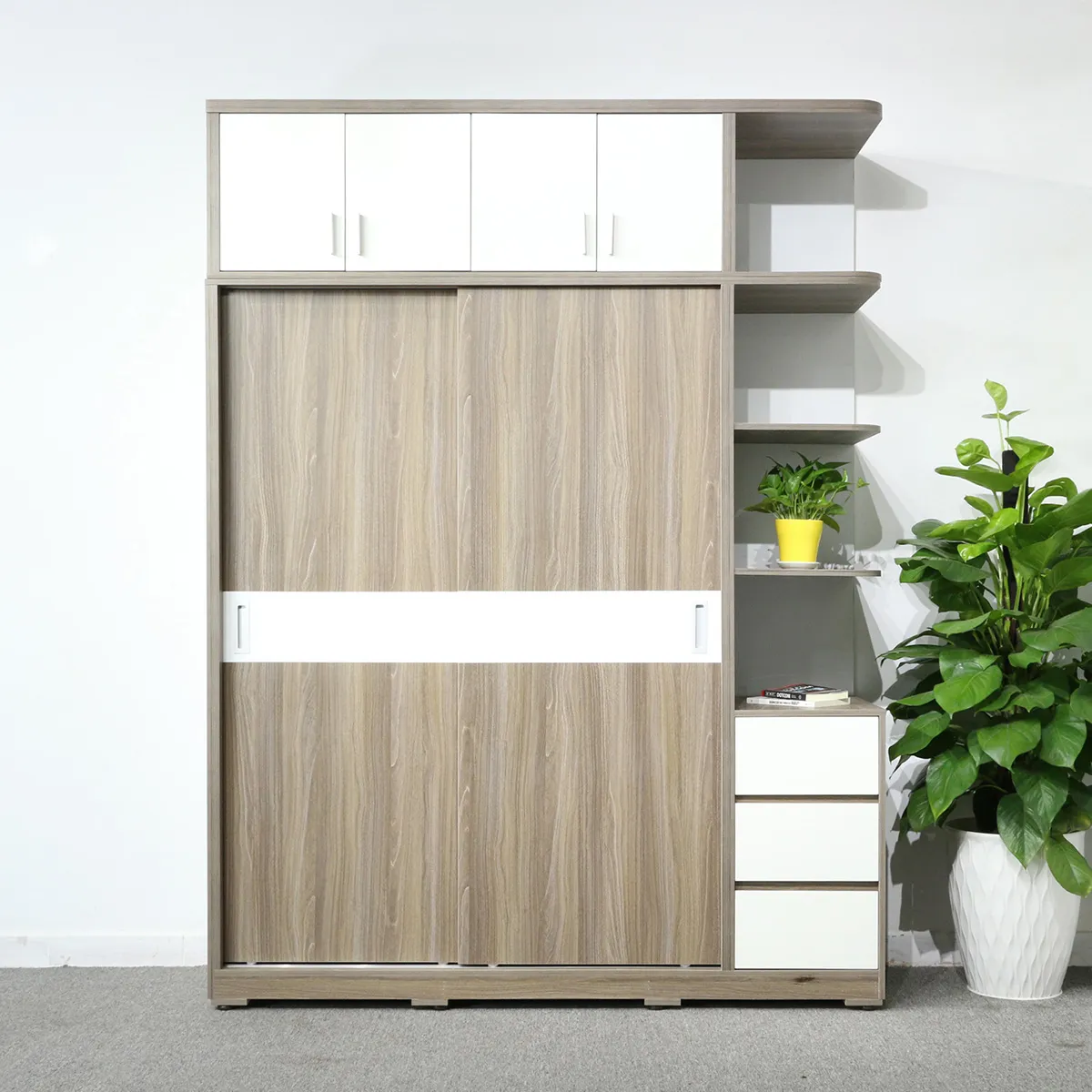 Tủ Quần Áo Sát Trần Cửa Lùa Có Kệ Trang Trí Gỗ MDF Màu Xám Chỉ Trắng Cao Cấp