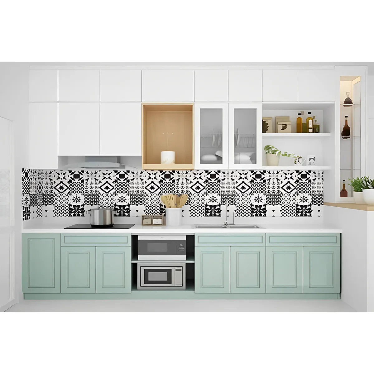 Tủ Bếp Chữ I Dài 3m Gỗ Công Nghiệp Màu Xanh Phối Trắng Đẹp Giá Rẻ