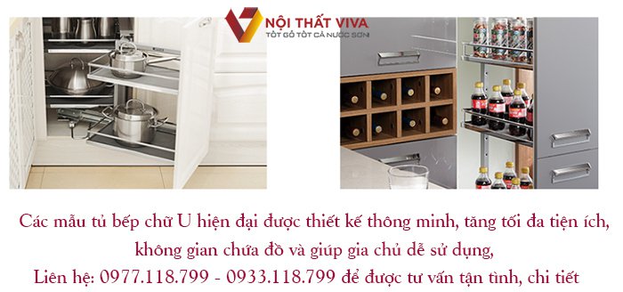 Tủ bếp chữ U hiện đại được thiết kế thông minh với chất lượng sản phẩm tốt tại Nội thất Viva.