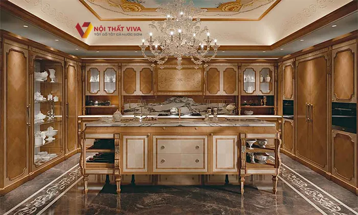 Mẫu tủ bếp chữ U cổ điển, đậm chất nghệ thuật cho phòng bếp phong cách châu Âu.