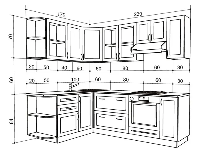 ​​​​​​​Tìm hiểu độ dài rộng tủ phòng bếp chữ L