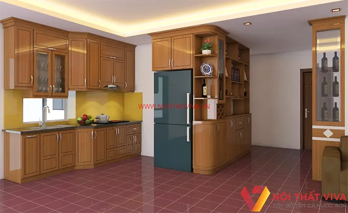 Kích thước tủ bếp phù hợp với diện tích phòng bếp tạo cân đối và có không gian nấu nướng.