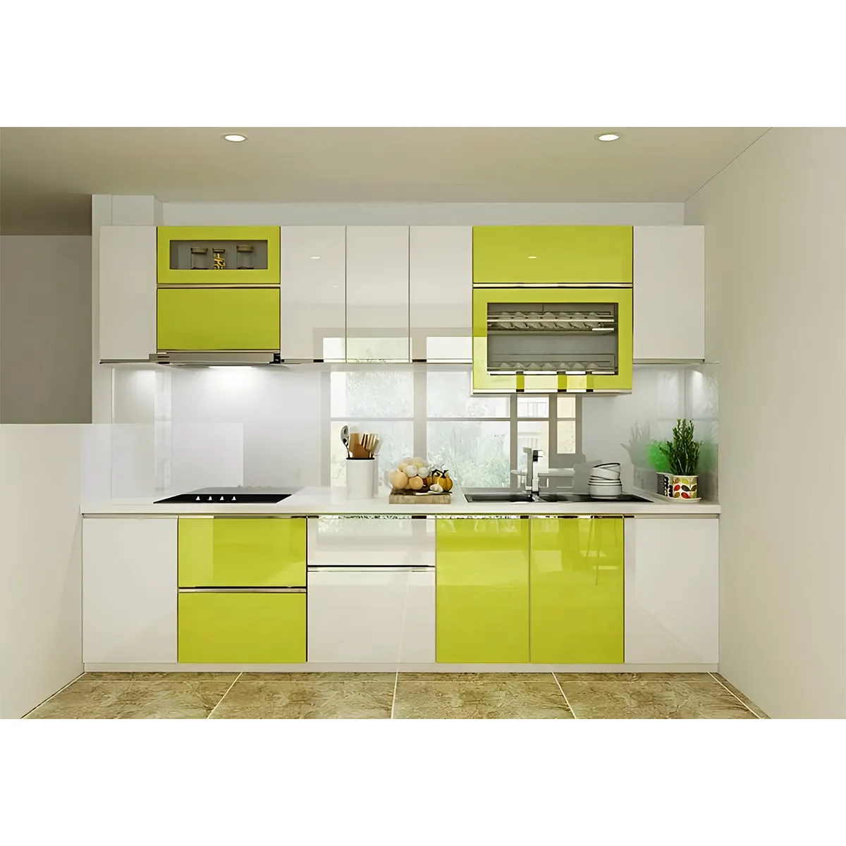 Tủ Bếp Hình Chữ I Acrylic Bóng Gương Màu Trắng Phối Xanh Đẹp Hiện Đại