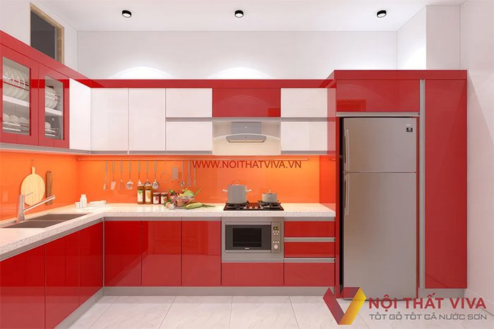 Mẫu tủ bếp MDF phủ Acrylic đẹp sáng bóng cho không gian phòng bếp.
