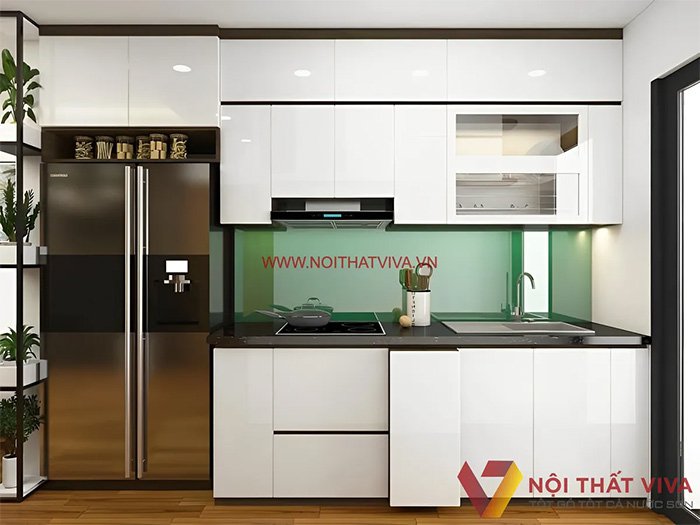 Tủ bếp gỗ MDF phủ Acrylic giúp mở rộng không gian phòng bếp.