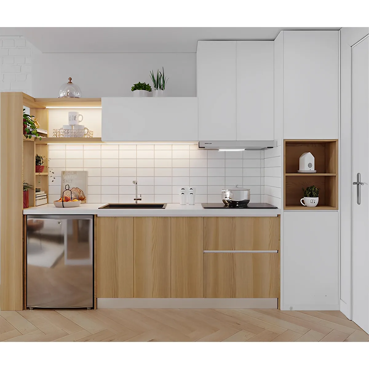 Tủ Bếp Mini Cho Phòng Trọ Hình Chữ I Gỗ MDF Melamine Màu Vàng Giá Rẻ