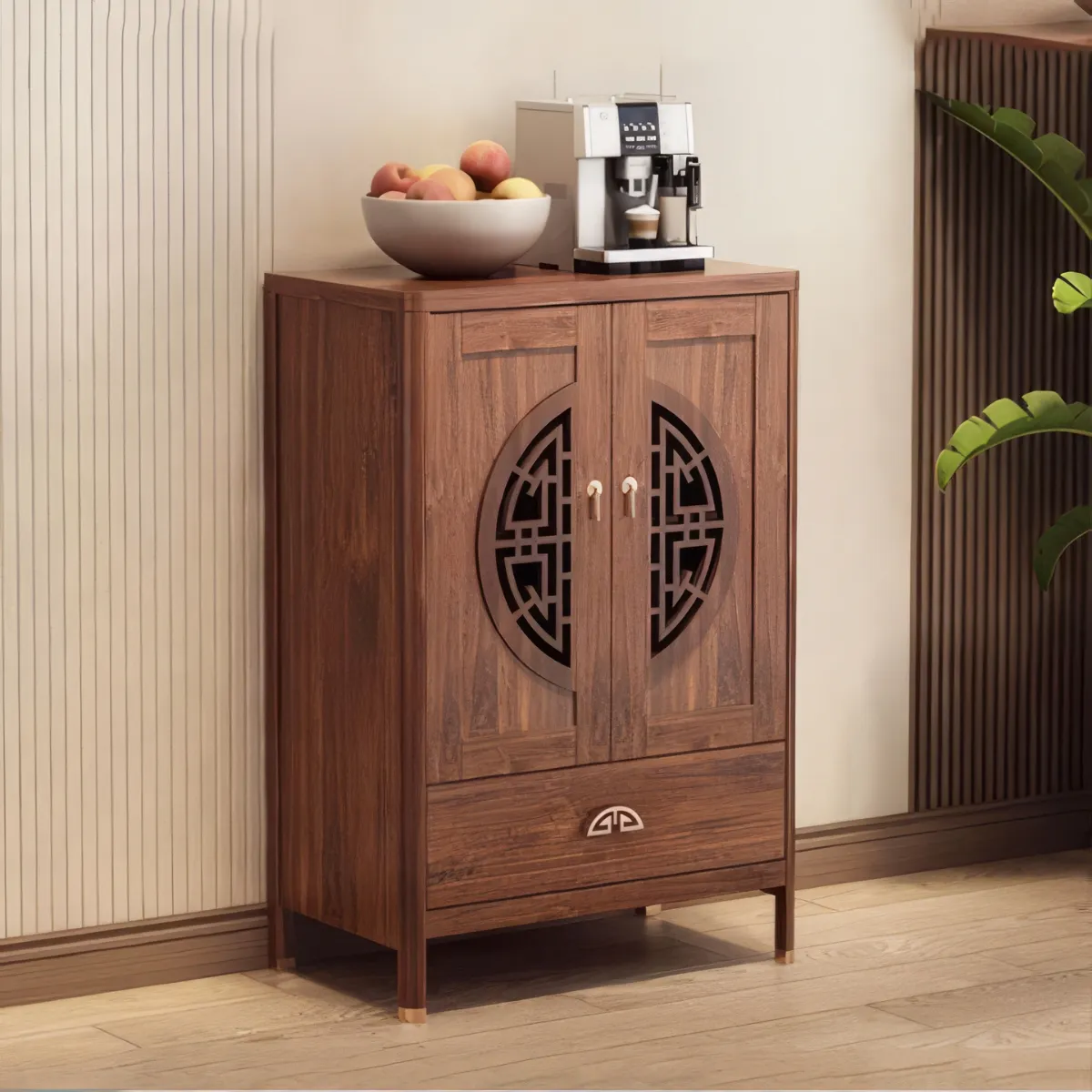 Tủ Chén Bằng Gỗ Mini Kiểu Chân Cao Cánh Chạy Hoa Văn Sang Trọng