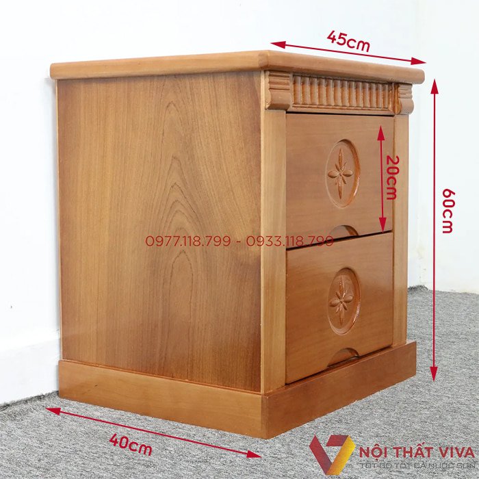Kích thước tủ táp đầu giường gỗ xoan đào phổ biến, có thể thay đổi theo yêu cầu khách hàng.