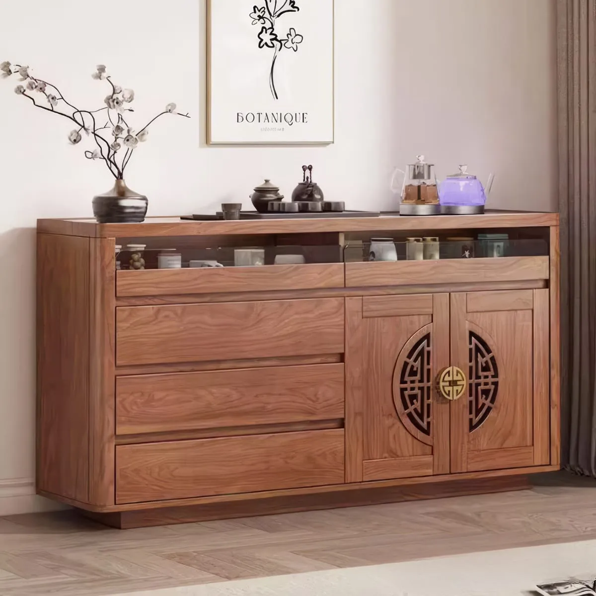 Tủ Đựng Bát Đũa Gia Vị Gỗ Sồi Bo Góc Sang Trọng Thời Thượng