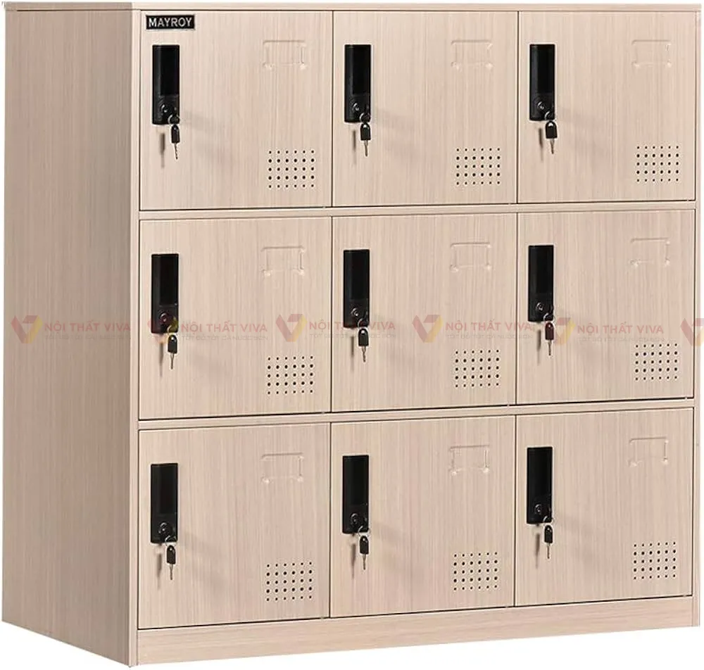 Mẫu tủ Locker 9 ngăn thấp, gỗ công nghiệp, nhẹ dễ di chuyển, bài trí.