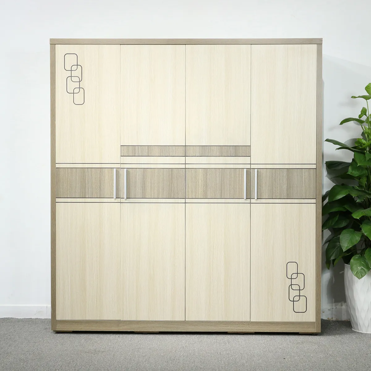 Tủ Gỗ MDF 4 Cánh Màu Xám Vân Gỗ Chạy Chỉ Chạm Họa Tiết Tinh Xảo Đẹp