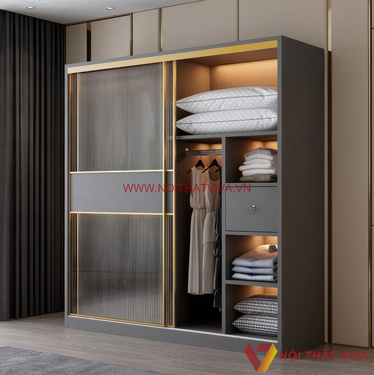 Tủ Quần Áo Cánh Kính Lùa Gỗ Mdf Đẹp Hiện Đại Giá Tốt