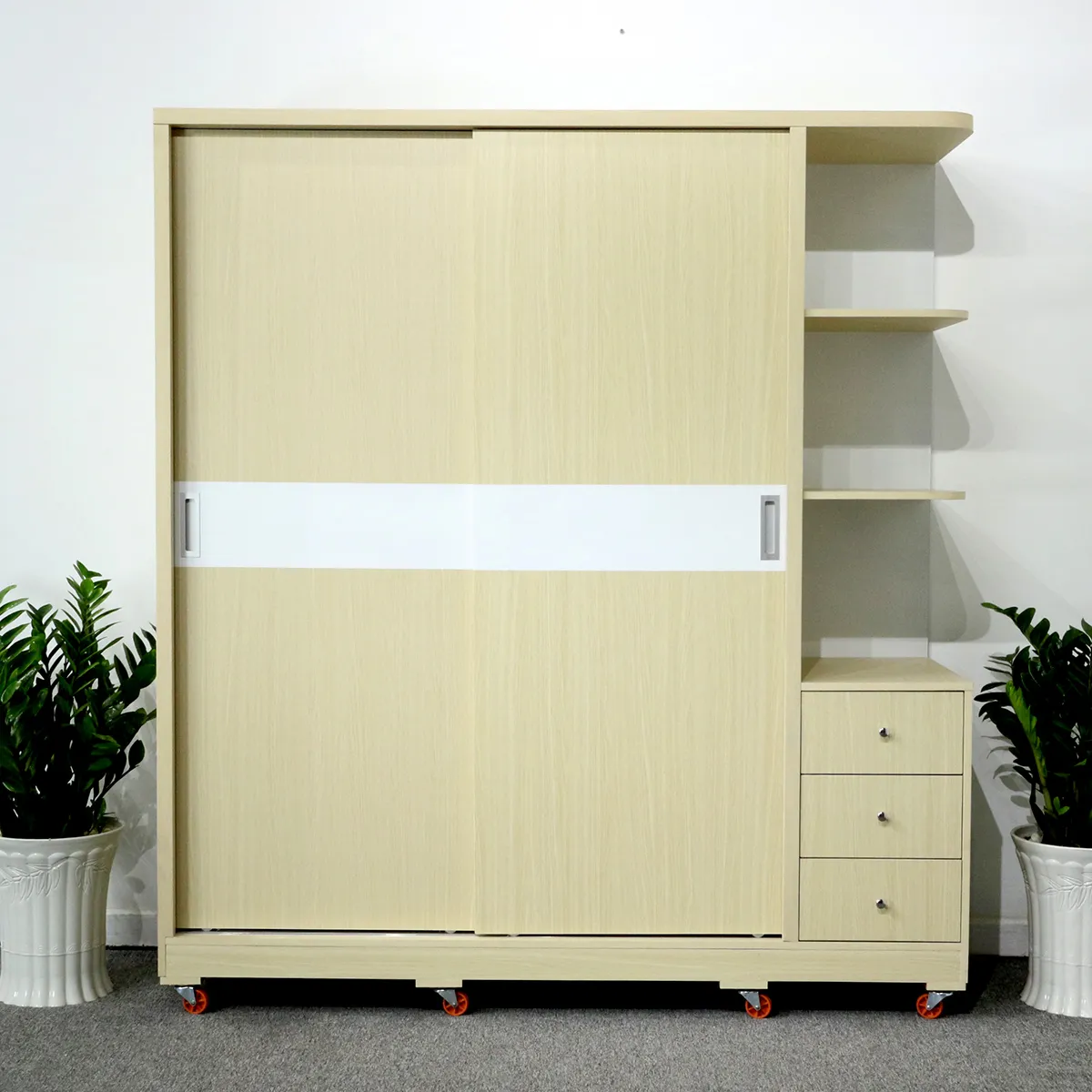 Tủ Quần Áo Cánh Trượt Có Kệ Trang Trí Gỗ MDF Màu Vàng Chỉ Trắng