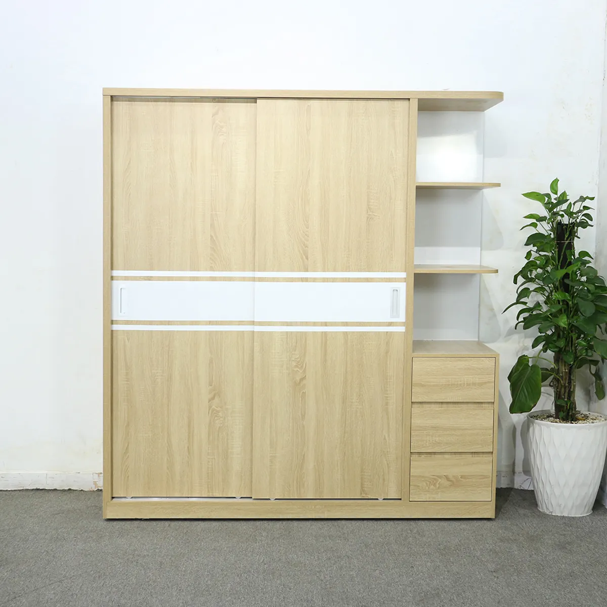 Tủ Quần Áo Cửa Lùa 2 Cánh Gỗ MDF Màu Vàng Phối Trắng Có Kệ Góc Đẹp Rẻ