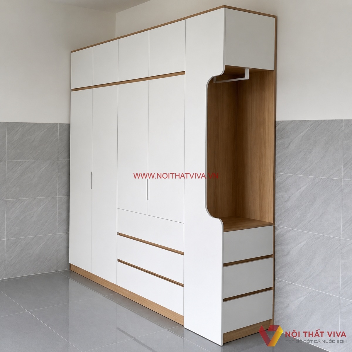 Tủ quần &aacute;o gỗ c&ocirc;ng nghiệp c&aacute;nh trắng phối chỉ gỗ k&egrave;m khoang treo mở
