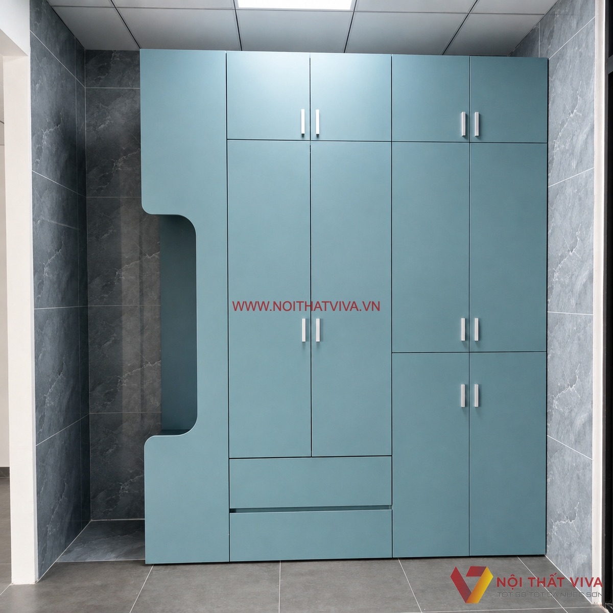 Tủ quần &aacute;o gỗ c&ocirc;ng nghiệp m&agrave;u xanh pastel nhiều c&aacute;nh