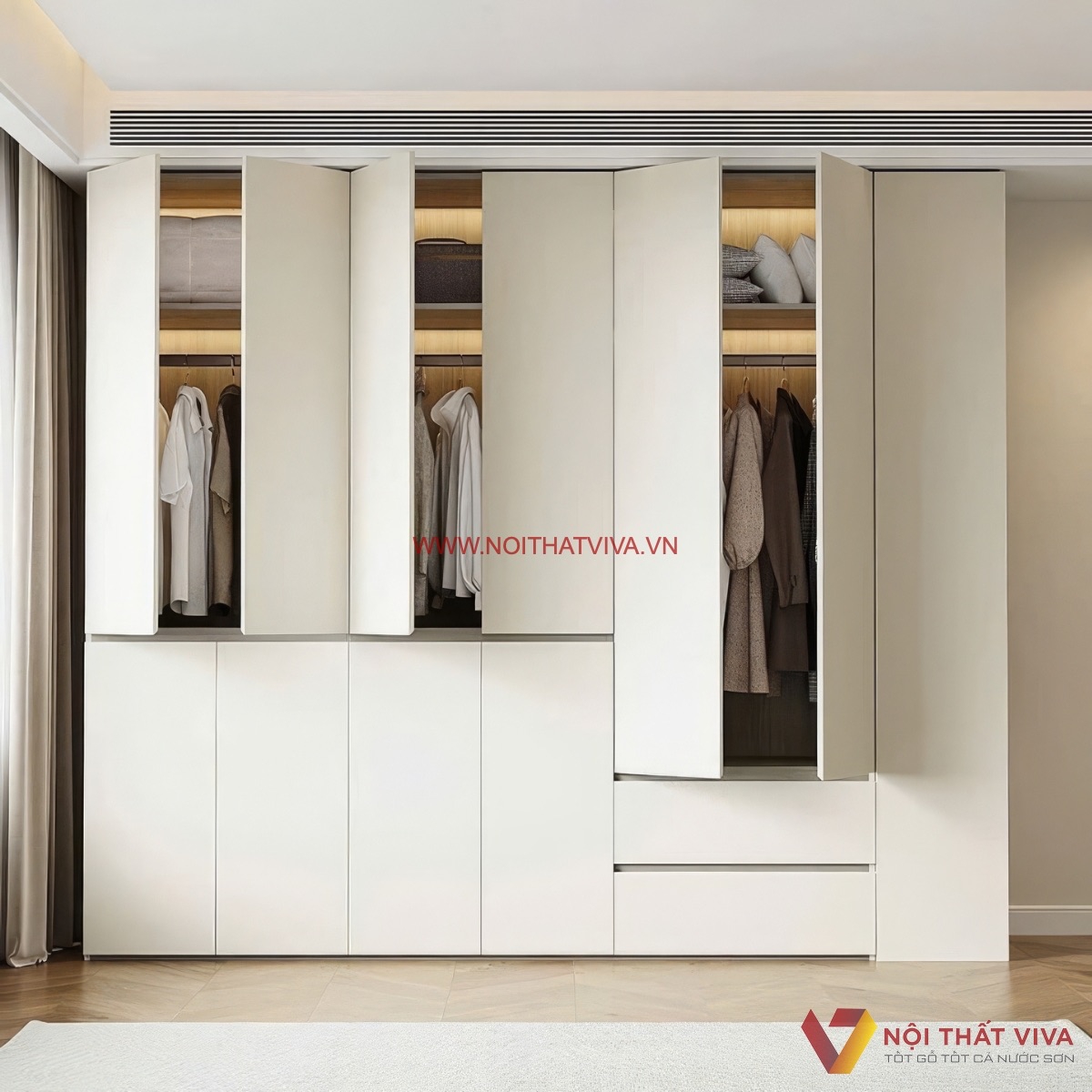 Tủ quần &aacute;o gỗ c&ocirc;ng nghiệp MDF mở c&aacute;nh với nhiều khoang treo v&agrave; ngăn k&eacute;o