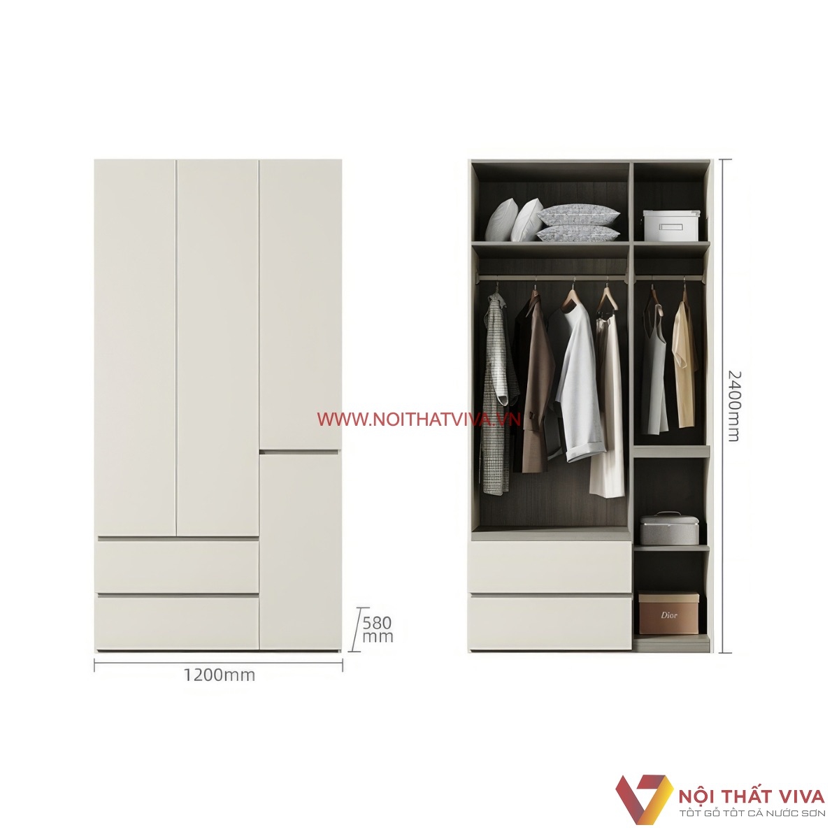 Bản vẽ k&iacute;ch thước tủ quần &aacute;o gỗ c&ocirc;ng nghiệp 3 c&aacute;nh 1200 x 2400 x 580mm