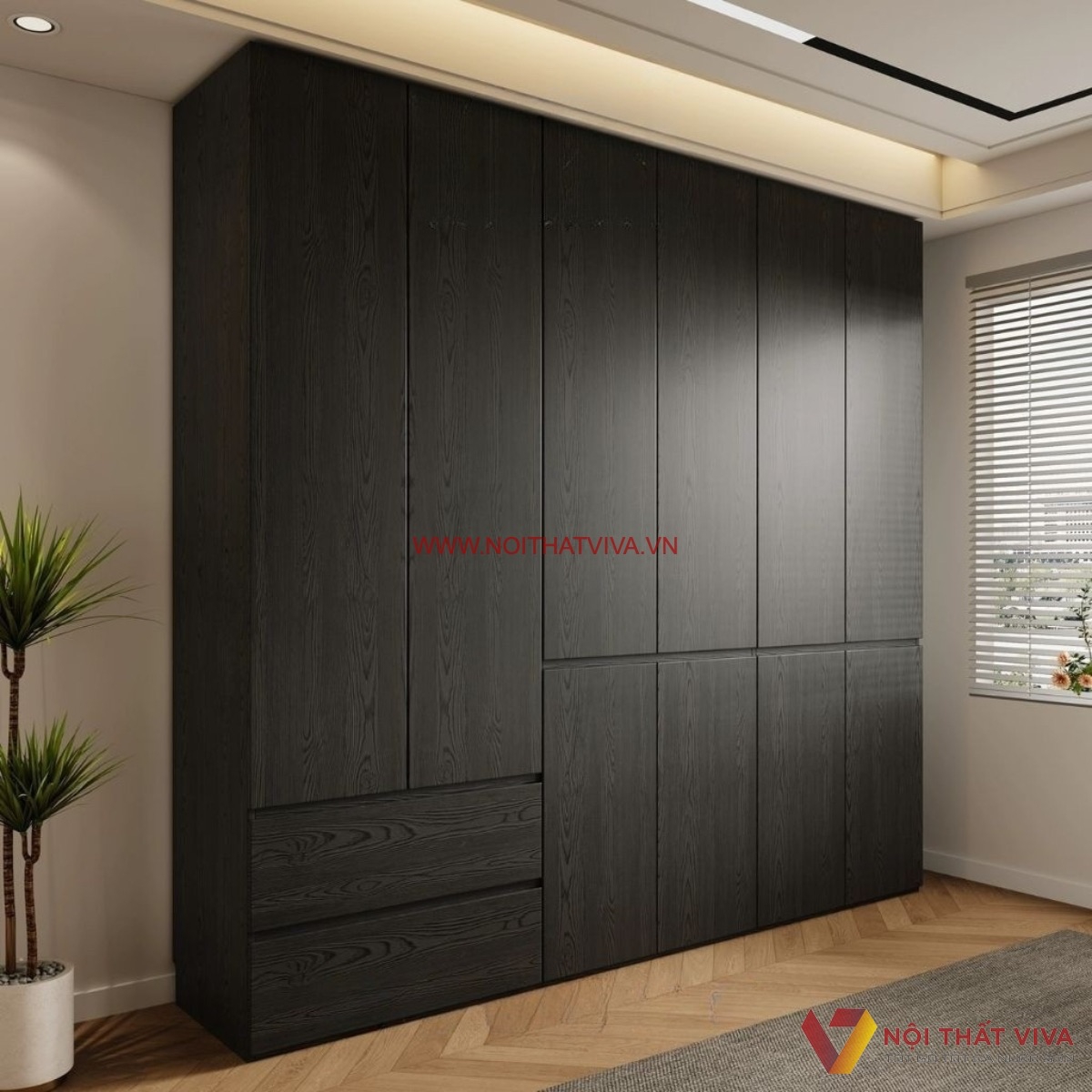 Tủ quần &aacute;o gỗ c&ocirc;ng nghiệp m&agrave;u đen v&acirc;n gỗ phong c&aacute;ch hiện đại