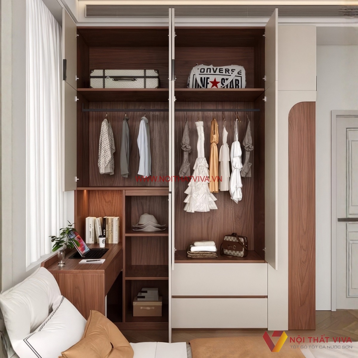 Tủ quần &aacute;o gỗ c&ocirc;ng nghiệp th&ocirc;ng minh kết hợp b&agrave;n l&agrave;m việc v&agrave; kệ s&aacute;ch