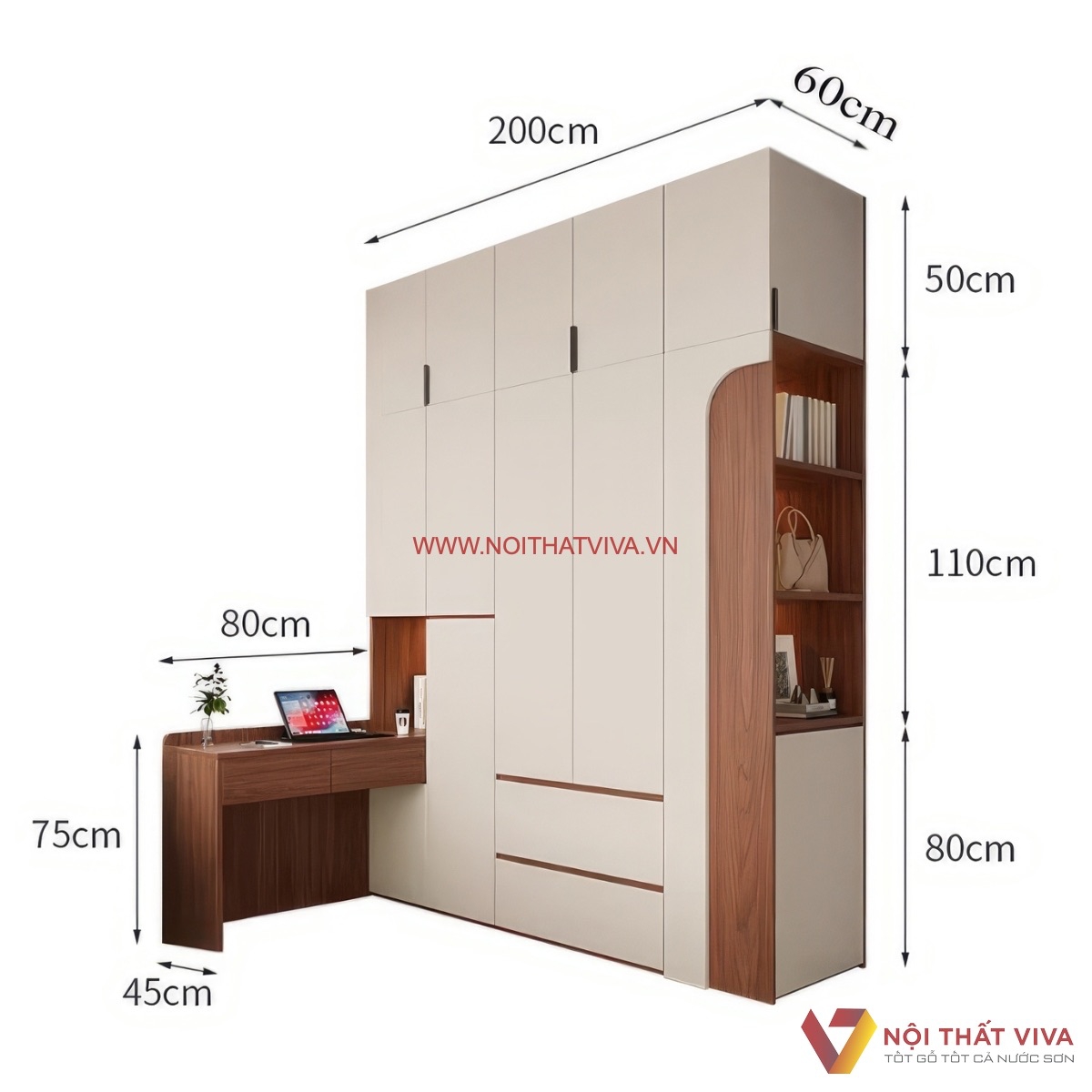 Bản vẽ k&iacute;ch thước tủ quần &aacute;o gỗ c&ocirc;ng nghiệp kết hợp b&agrave;n l&agrave;m việc