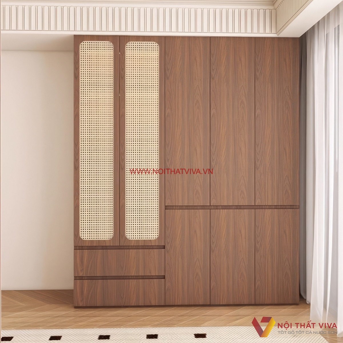 Tủ quần &aacute;o gỗ c&ocirc;ng nghiệp v&acirc;n &oacute;c ch&oacute; phối nan m&acirc;y phong c&aacute;ch Indochine