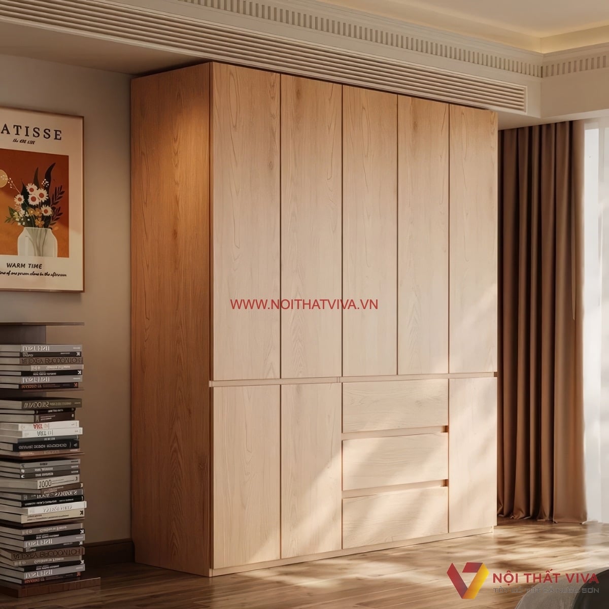Tủ quần &aacute;o gỗ c&ocirc;ng nghiệp MDF phủ v&acirc;n gỗ s&aacute;ng m&agrave;u nhiều c&aacute;nh
