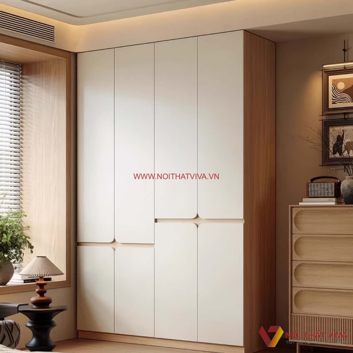 Tủ quần &aacute;o gỗ c&ocirc;ng nghiệp 4 c&aacute;nh m&agrave;u trắng kem bo g&oacute;c mềm mại
