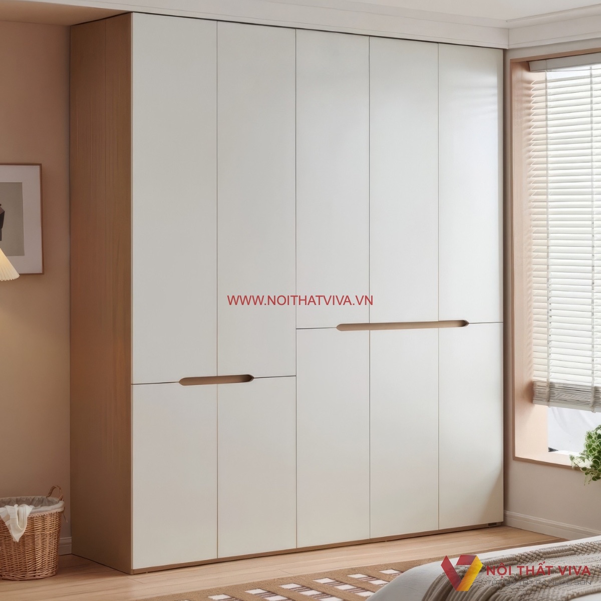 Tủ quần &aacute;o gỗ c&ocirc;ng nghiệp 5 c&aacute;nh m&agrave;u trắng kem tay nắm &acirc;m bền đẹp