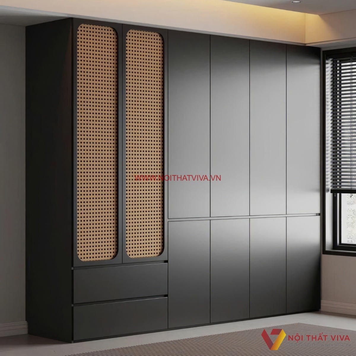 Tủ quần &aacute;o gỗ c&ocirc;ng nghiệp phủ melamine v&acirc;n gỗ đen phối nan m&acirc;y