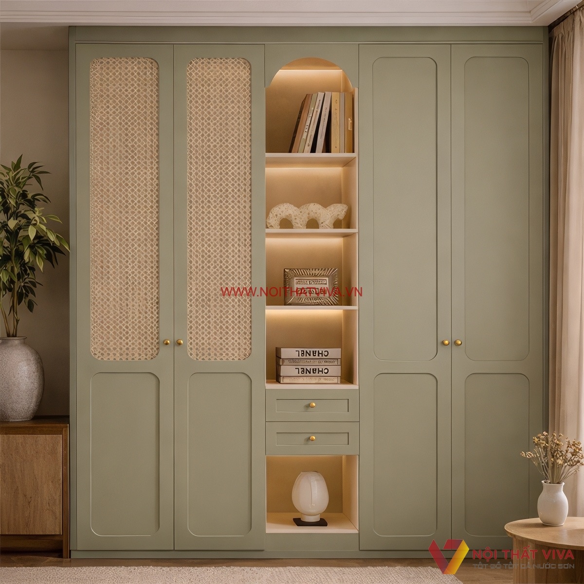 Tủ quần &aacute;o gỗ c&ocirc;ng nghiệp m&agrave;u xanh olive phong c&aacute;ch cổ điển phối nan m&acirc;y