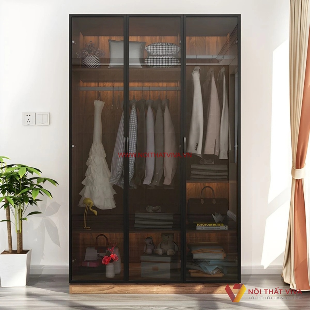 Tủ quần &aacute;o gỗ c&ocirc;ng nghiệp c&aacute;nh k&iacute;nh trong suốt để lộ khung b&ecirc;n trong