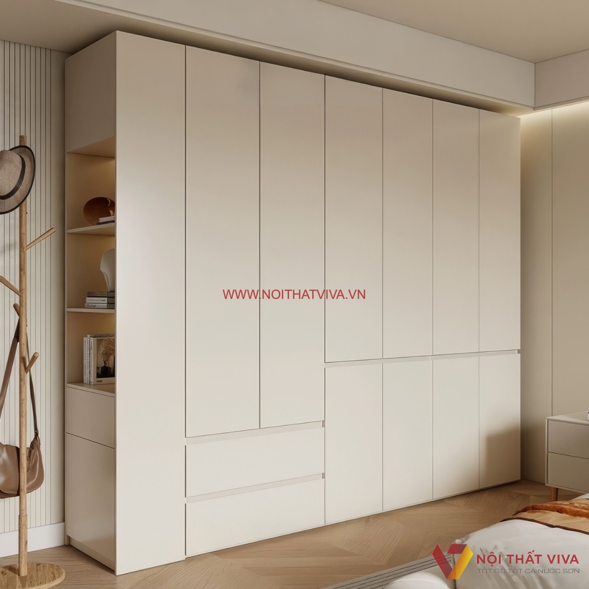 Tủ quần &aacute;o gỗ c&ocirc;ng nghiệp kịch trần m&agrave;u kem kết hợp kệ trang tr&iacute;