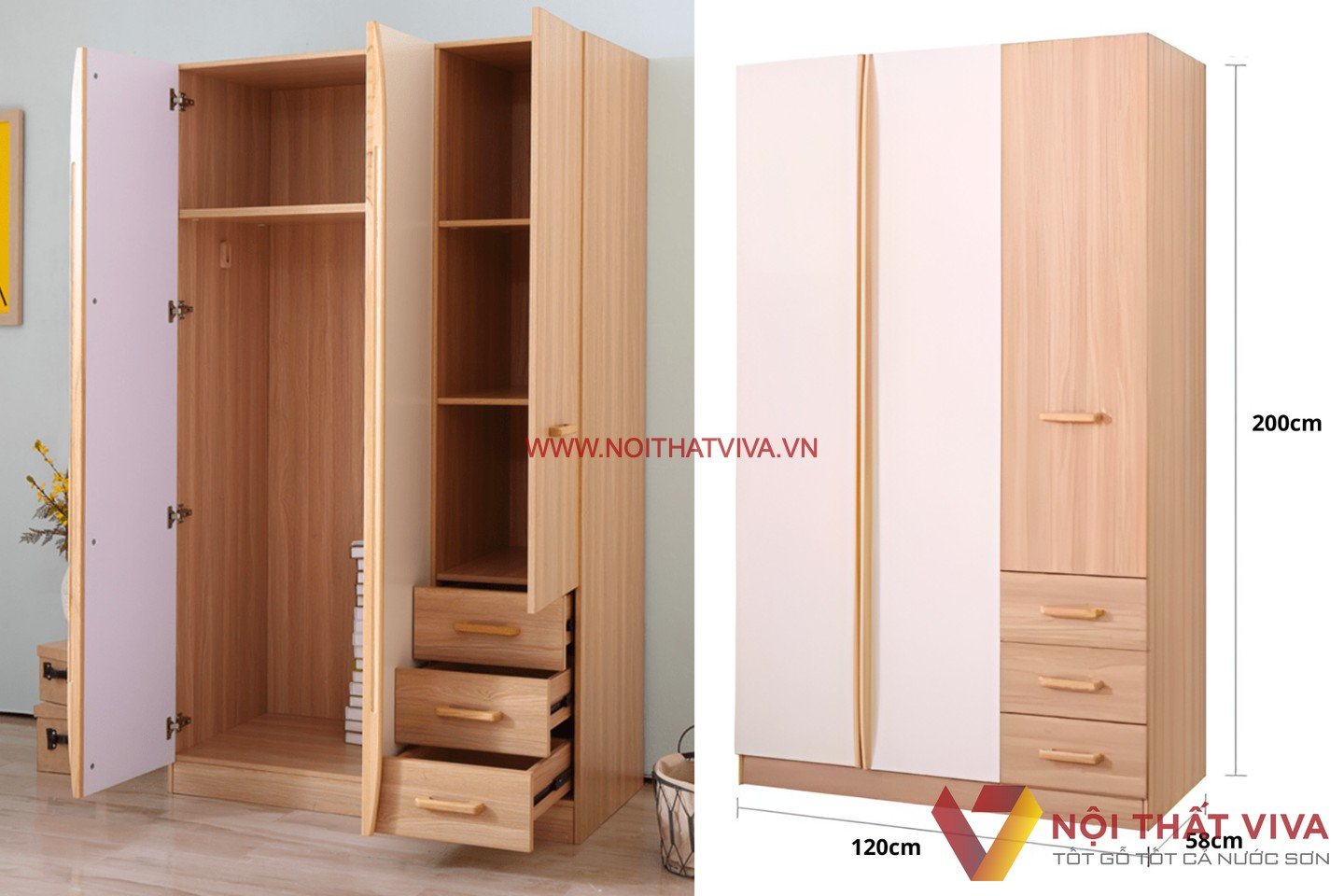Tủ Quần Áo Gỗ Công Nghiệp MDF Màu Vân Gỗ Sồi Đẹp Giá Rẻ