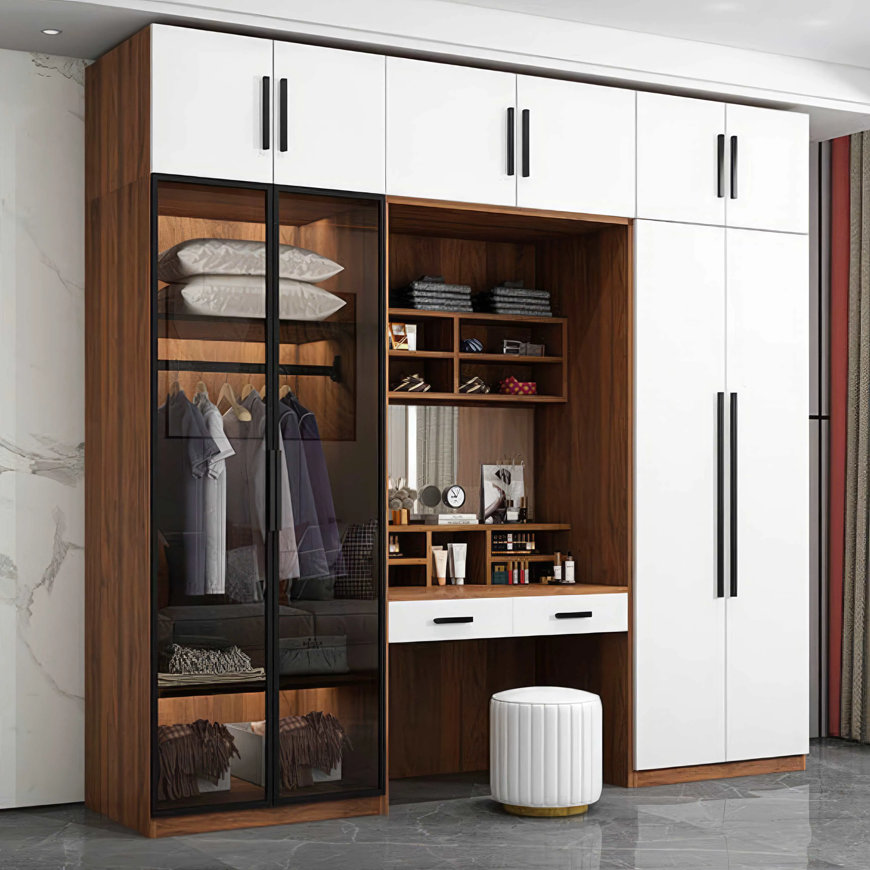 Tủ Quần Áo Kèm Bàn Làm Việc Gỗ MDF Phủ Melamine Cánh Kính Hiện Đại