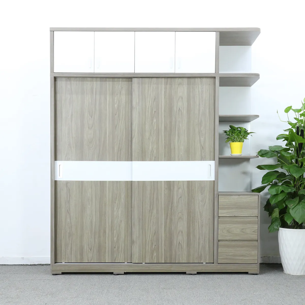 Tủ Quần Áo Kịch Trần Cửa Lùa Gỗ MDF Có Kệ Trang Trí Màu Xám Chỉ Trắng