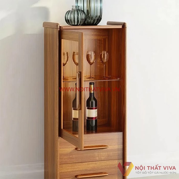 Mẫu tủ rượu gỗ tự nhiên mini tiết kiệm diện tích, thiết kế đa năng.