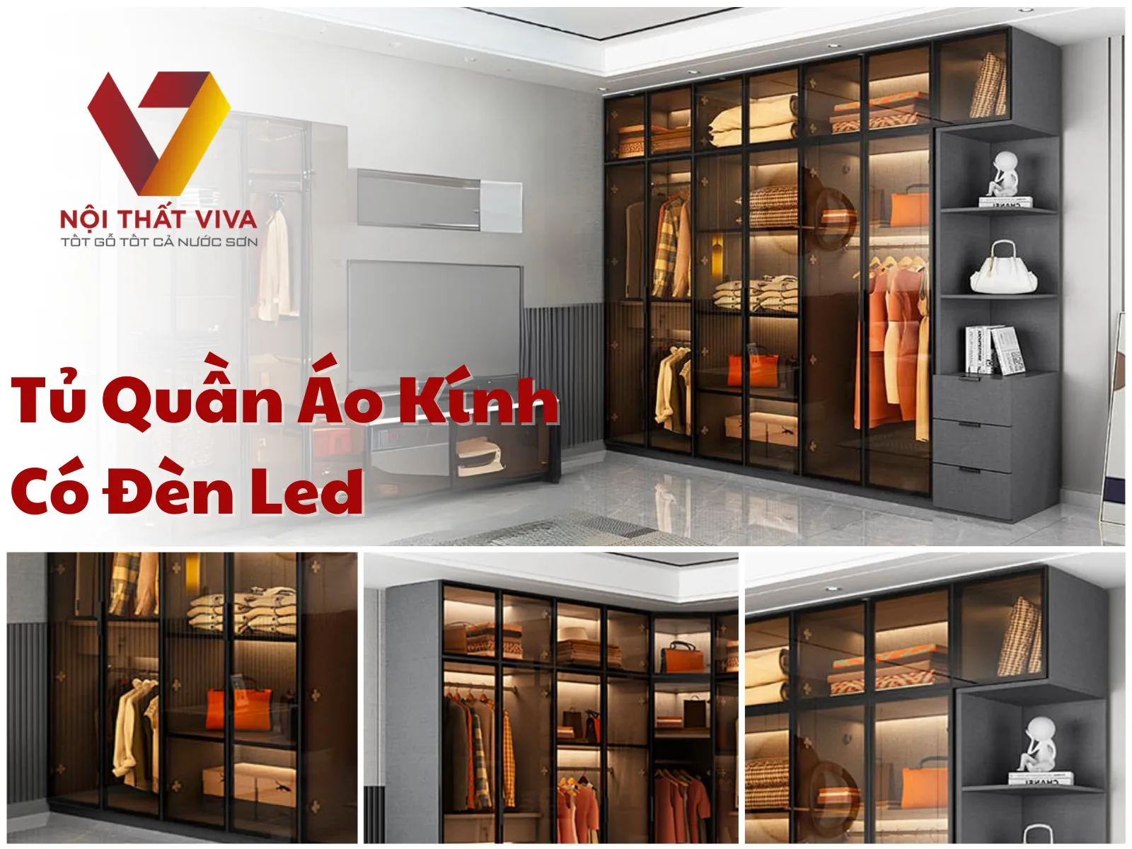 Tủ Quần Áo Kính Có Đèn Led Gỗ Công Nghiệp Cao Cấp Hiện Đại