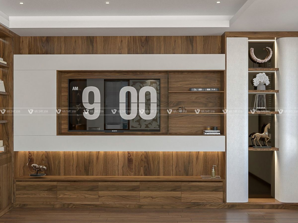 Top 10+ mẫu kệ tivi treo tường gỗ tự nhiên đẹp, chuẩn phong cách cho phòng khách