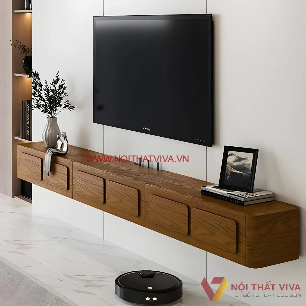 Top 10+ mẫu kệ tivi treo tường gỗ tự nhiên đẹp, chuẩn phong cách cho phòng khách
