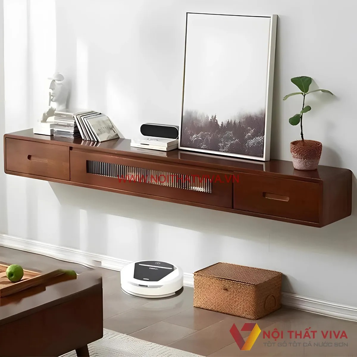 Top 10+ mẫu kệ tivi treo tường gỗ tự nhiên đẹp, chuẩn phong cách cho phòng khách