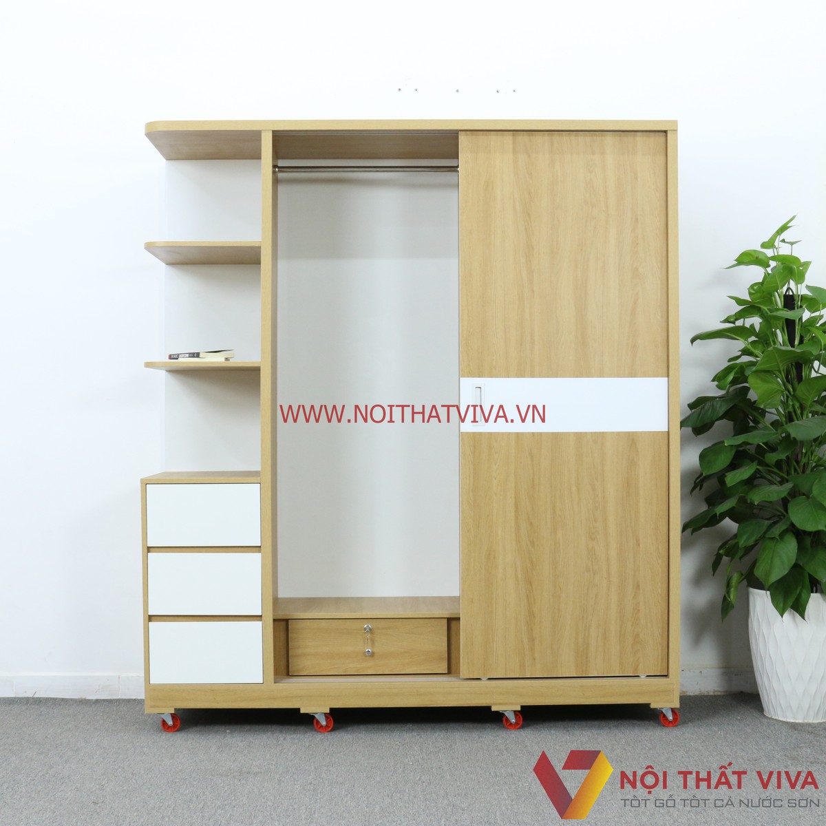 Tủ Quần Áo Cửa Lùa 1m6 Gỗ MDF Có Kệ Trang Trí Màu Vàng Vân Gỗ Chỉ Trắng Đẹp