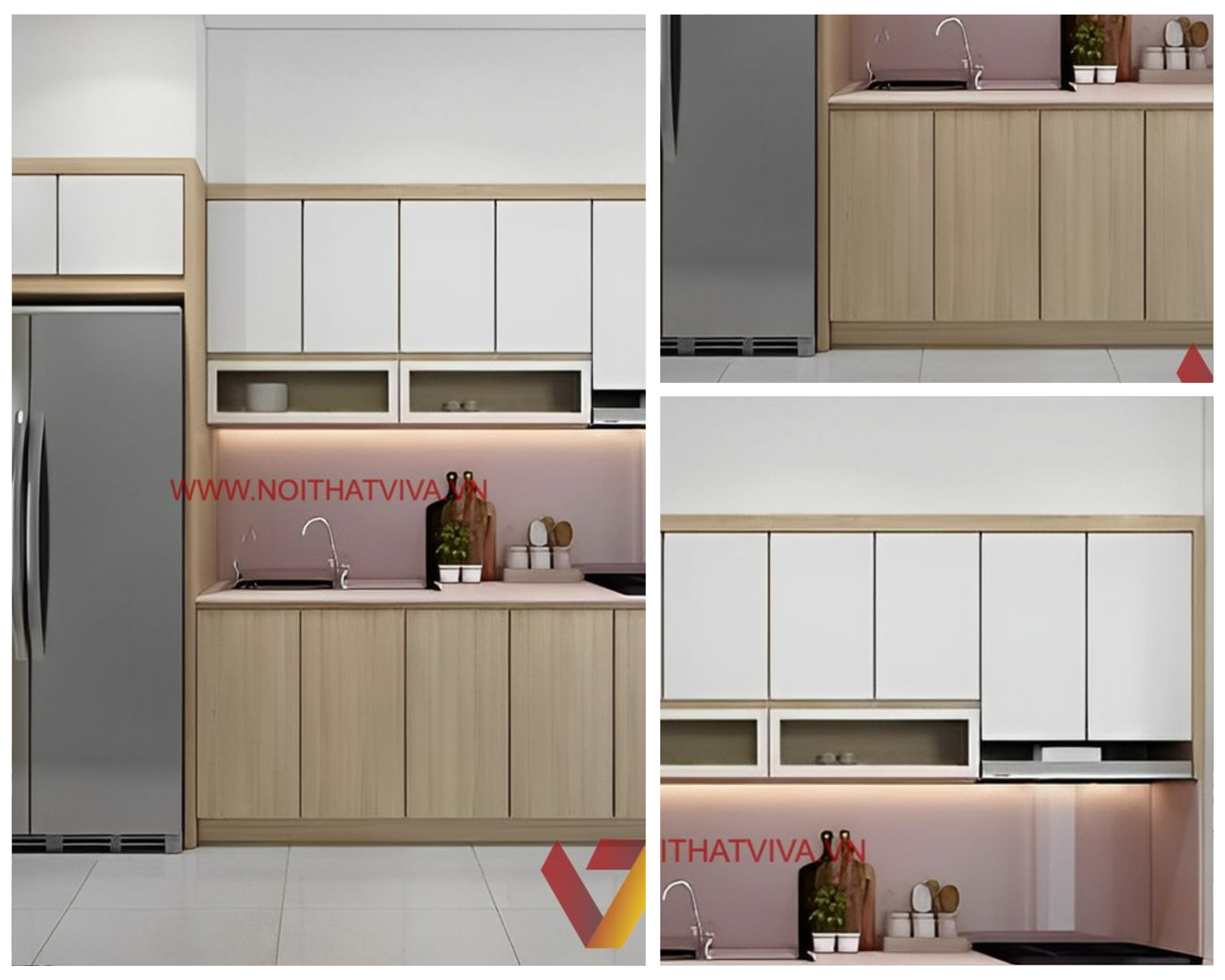 Tủ Bếp Chữ I Nhỏ Gỗ MDF Melamine Màu Vàng Phối Cửa Trắng Đẹp Giá Rẻ