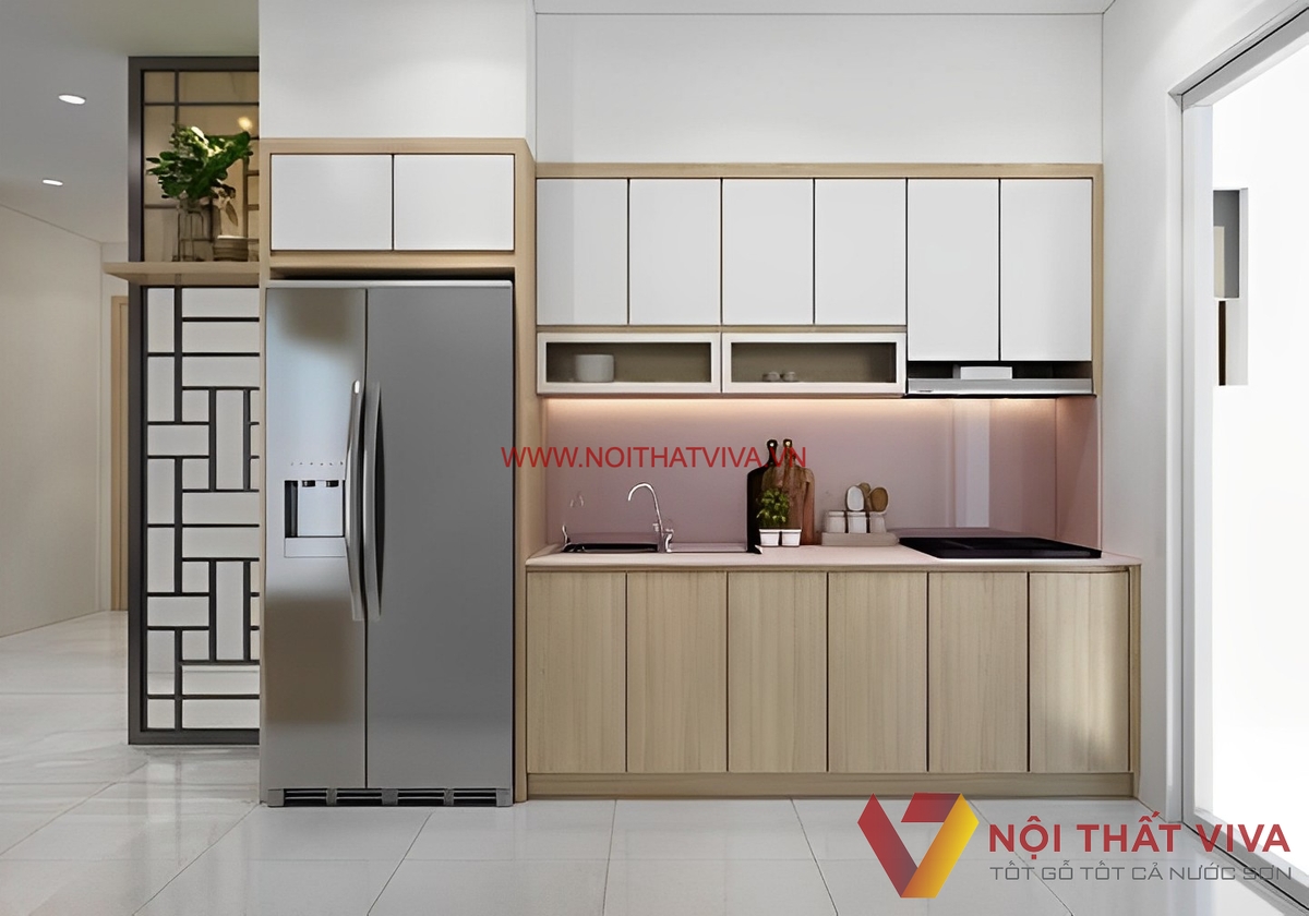 Tủ Bếp Chữ I Nhỏ Gỗ MDF Melamine Màu Vàng Phối Cửa Trắng Đẹp Giá Rẻ